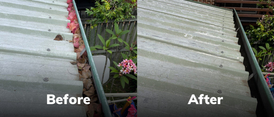 Before and after photo of gutter cleaning