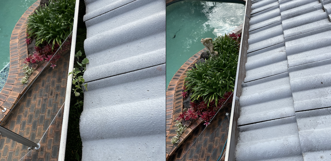 Photo of a gutter cleaning result, before and after