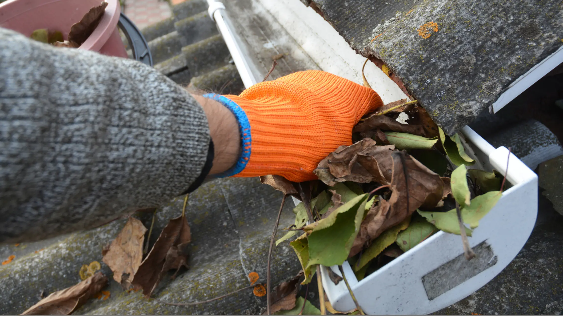 Hand cleaning a gutter full of leaves.